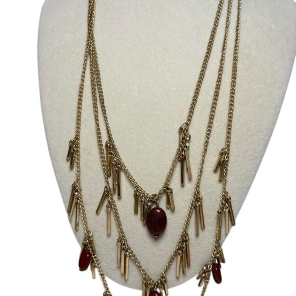 Gold Tone Multi Strand Tiered Fringe Necklace Red Beads Boho Statement Jewelry